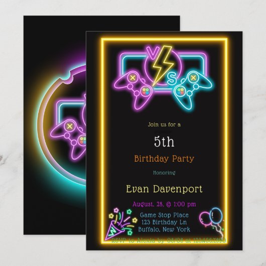 Neon Gaming Verjaardagsfeest Kaart (Voorkant / Achterkant)