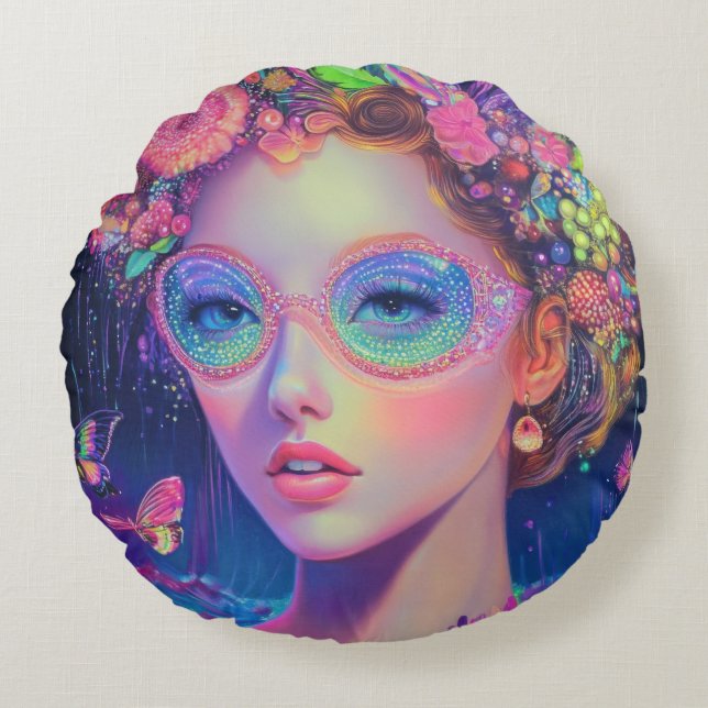 Neon Garden Goddess Rond Kussen (Voorkant)