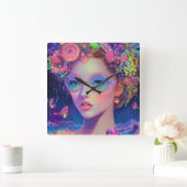 Neon Garden Goddess Vierkante Klok (Huis)