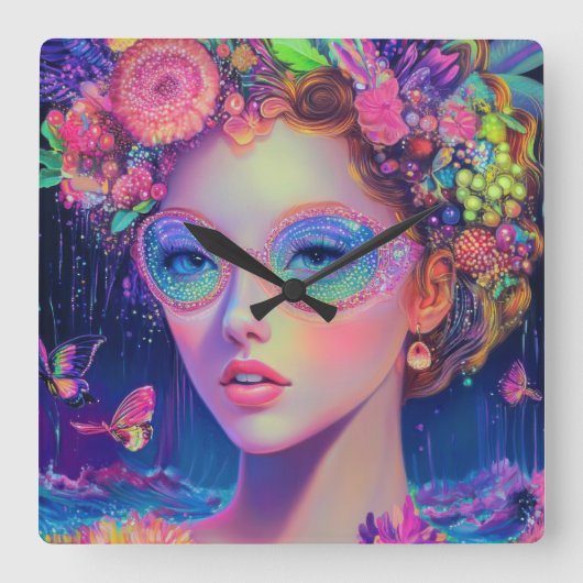 Neon Garden Goddess Vierkante Klok (Voorkant)