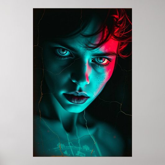 Neon Gaze: Cracked Reality Portrait Poster (Voorkant)