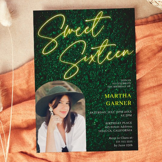 Neon geel teken script groen foto boog Sweet 16 Kaart