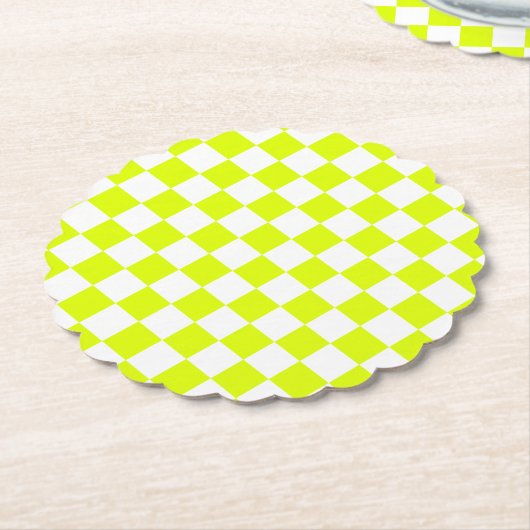 Neon Geel Wit Geruit Schaakbord  Kartonnen Onderzetters (Gekanteld)