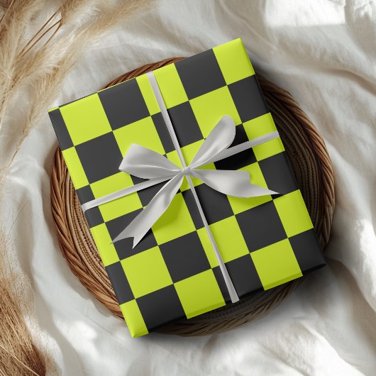 Neon Geel Zwart Geruit Schaakbord  Cadeaupapier