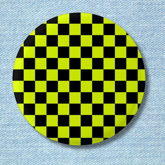 Neon Geel Zwart Geruit Schaakbord  Ronde Button 3,2 Cm