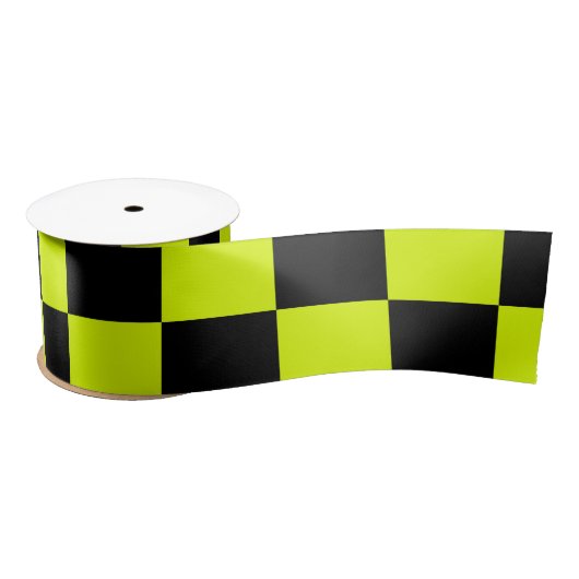 Neon Geel Zwart Geruit Schaakbord  Satijnen Lint (Spoel)