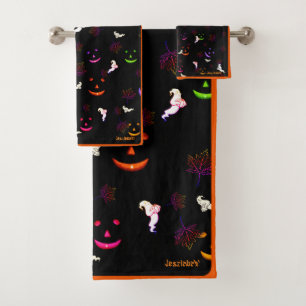 Neon geesten en pompoen glimlachen Halloween Bad Handdoek
