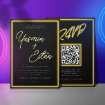 Neon gele lichten zwart moderne RSVP bruiloft Kaart<br><div class="desc">Maak je bruiloft prachtig met deze coole uitnodigingen van JessicaAmber. Deze kaart is voorzien van een geel neonscript voor de namen van het getrouwde paar. Moderne witte letters leggen de details van de bruiloft uit, inclusief de locatie, datum en tijd. Op de achterkant staat een QR-code die kan linken naar...</div>