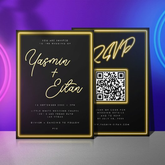 Neon gele lichten zwart moderne RSVP bruiloft Kaart