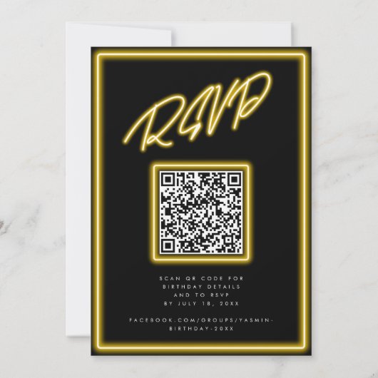 Neon gele lichten zwart moderne RSVP verjaardag Kaart (Achterkant)