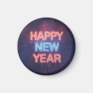 Neon "Gelukkig Nieuwjaar" Typografie met Vuurwerk Magneet