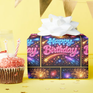 Neon Gelukkig Verjaardag Vuurwerk en Sterren Cadeaupapier