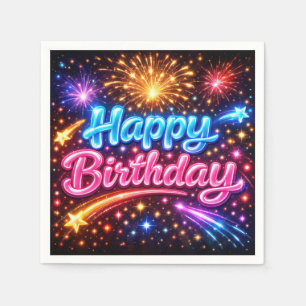 Neon Gelukkig Verjaardag Vuurwerk en Sterren Servet