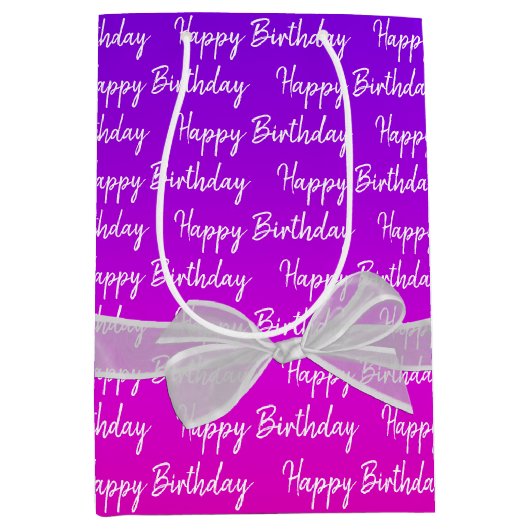 Neon Gelukkige Verjaardag Met Witte Boog Medium Cadeauzakje (Voorkant)