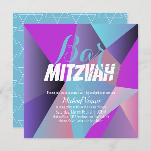 Neon Geometrical Blue Bar Mitzvah Kaart (Voorkant / Achterkant)