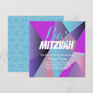 Neon Geometrical Blue Bar Mitzvah Kaart