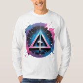 Neon geometrische pijl in kosmische splash t-shirt (Voorkant)