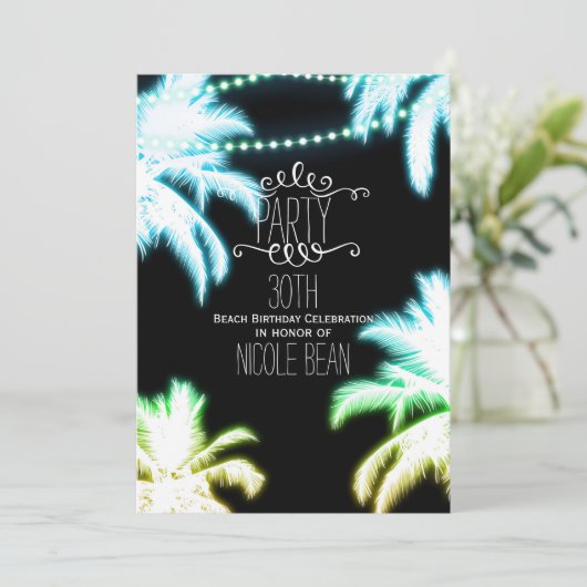 Neon Ggloing Palm Trees Beach Summer Party Kaart (Staand voorkant)