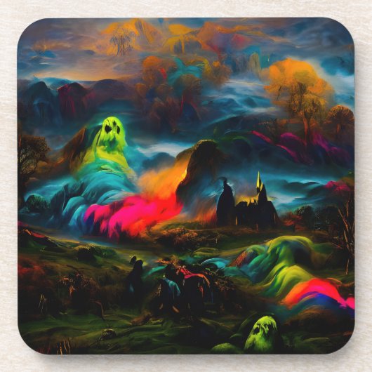 Neon Ghosts in een spookachtig fantasylandschap Bier Onderzetter (Voorkant)