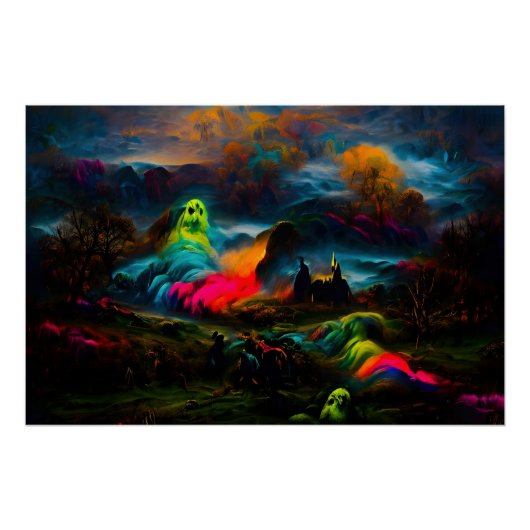 Neon Ghosts in een spookachtig fantasylandschap Perfect Poster (Voorkant)