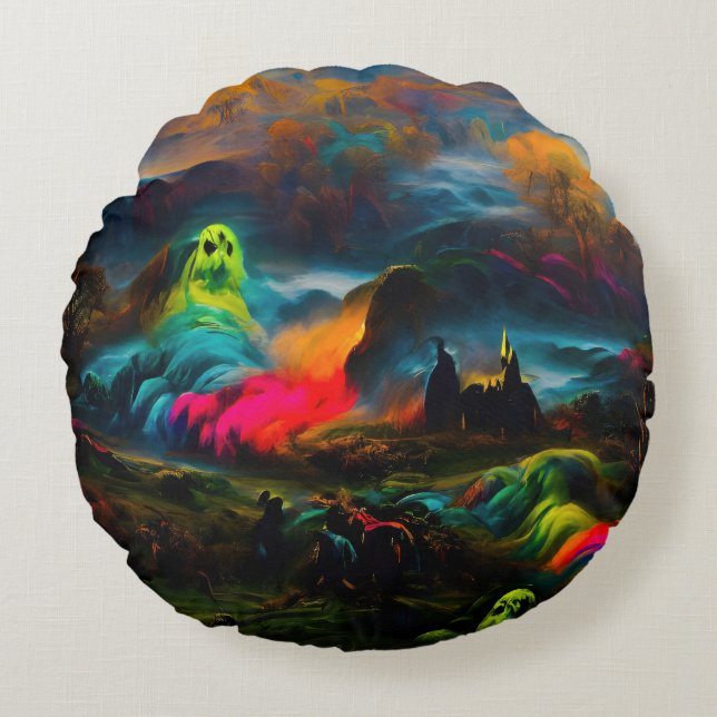 Neon Ghosts in een spookachtig fantasylandschap Rond Kussen (Voorkant)