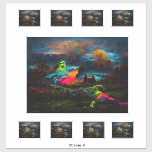 Neon Ghosts in een spookachtig fantasylandschap Sticker (Vel)