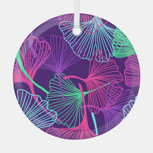 Neon Gingko Bladeren: Heldere bloemen. Glas Ornament (Voorkant)