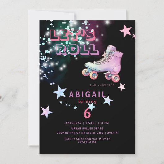 Neon Girl Let's Roll Schaatsen Verjaardagsfeestje Kaart (Voorkant)