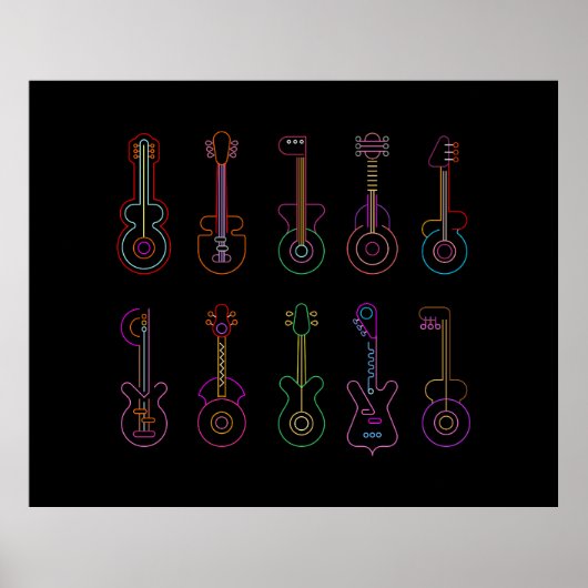 Neon gitaren met zwarte achtergrond poster (Voorkant)