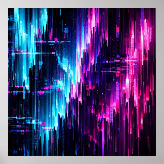 Neon Glitch Datastroom Abstract Poster (Voorkant)