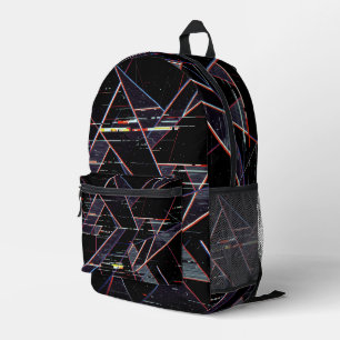 Neon Glitchcore Geometrische Vormen op Zwart Bedrukte Rugzak