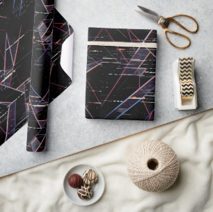 Neon Glitchcore Geometrische Vormen op Zwart Cadeaupapier