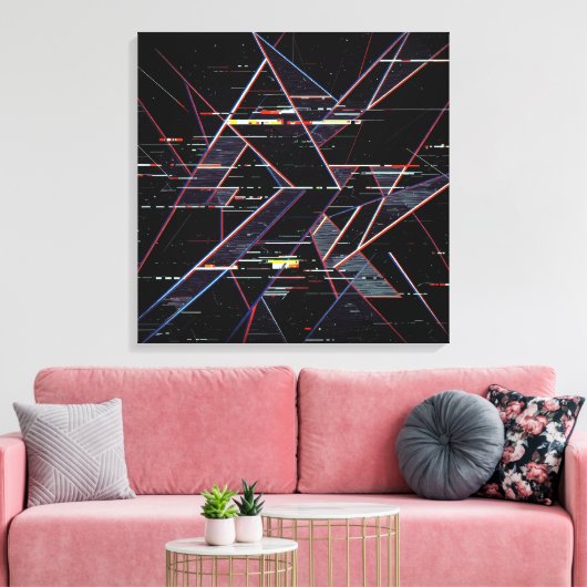 Neon Glitchcore Geometrische Vormen op Zwart Canvas Afdruk (Insitu (Woonkamer))