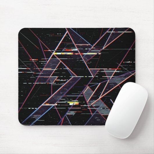 Neon Glitchcore Geometrische Vormen op Zwart Muismat (Met muis)