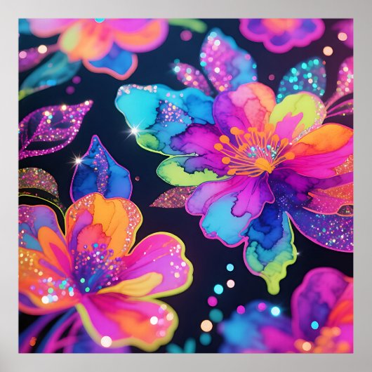 Neon Glitter Bloemmotief Poster (Voorkant)