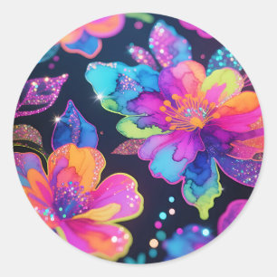 Neon Glitter Bloemmotief Ronde Sticker