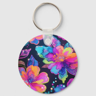 Neon Glitter Bloemmotief Sleutelhanger