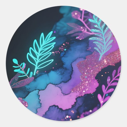 Neon Glitter Botanische Abstracte Ronde Sticker (Voorkant)