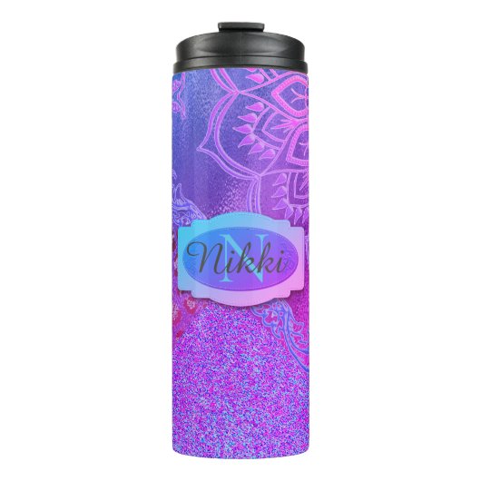 Neon Glittery Lotus Leopard Roze Paarse Monogram Thermosbeker (Voorkant)