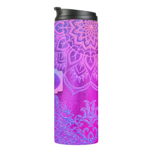 Neon Glittery Lotus Leopard Roze Paarse Monogram Thermosbeker (Geroteerd rechts)
