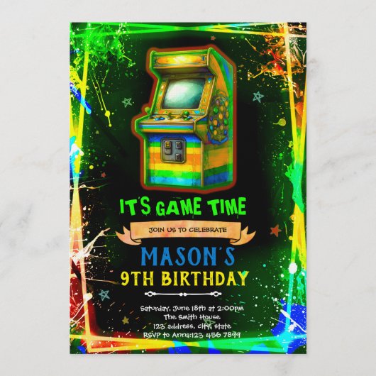 Neon gloed arcade verjaardagsuitnodiging kaart (Voorkant)