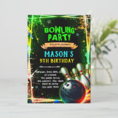 Neon gloed bowling jongen thema uitnodiging (Staand voorkant)