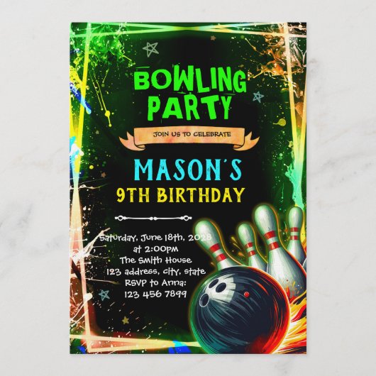 Neon gloed bowling jongen thema uitnodiging (Voorkant)