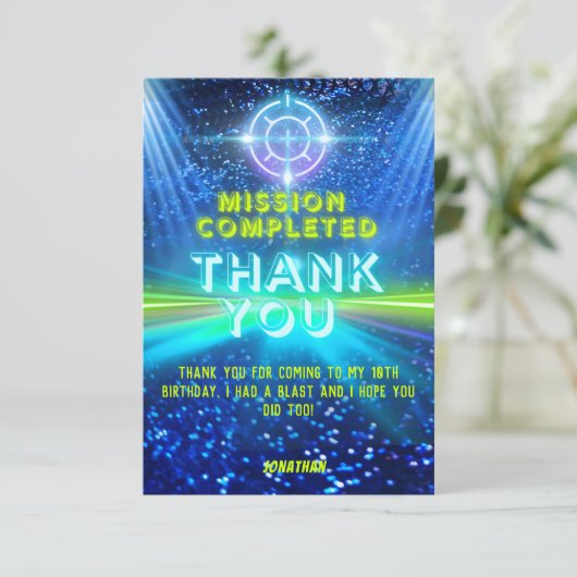 Neon gloed lampjes laser Label spel partij doel Bedankkaart (Staand voorkant)