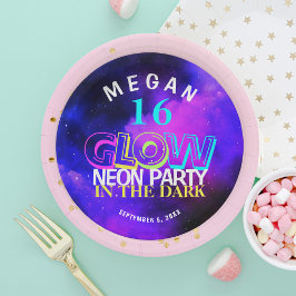 Neon gloed moderne Sweet 16 verjaardagsfeestje Pap Papieren Bordje