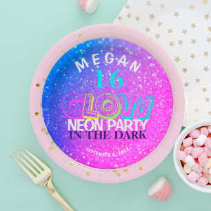 Neon gloed moderne Sweet 16 verjaardagsfeestje Papieren Bordje