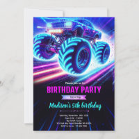Neon gloed monstertruck feest uitnodiging