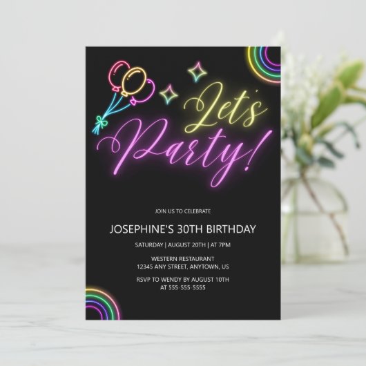 Neon Gloed Regenboog Ballon Verjaardag Kaart (Staand voorkant)