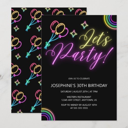 Neon Gloed Regenboog Ballon Verjaardag Kaart (Voorkant / Achterkant)