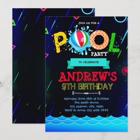 Neon gloed zwembad feest uitnodiging (Voorkant / Achterkant)